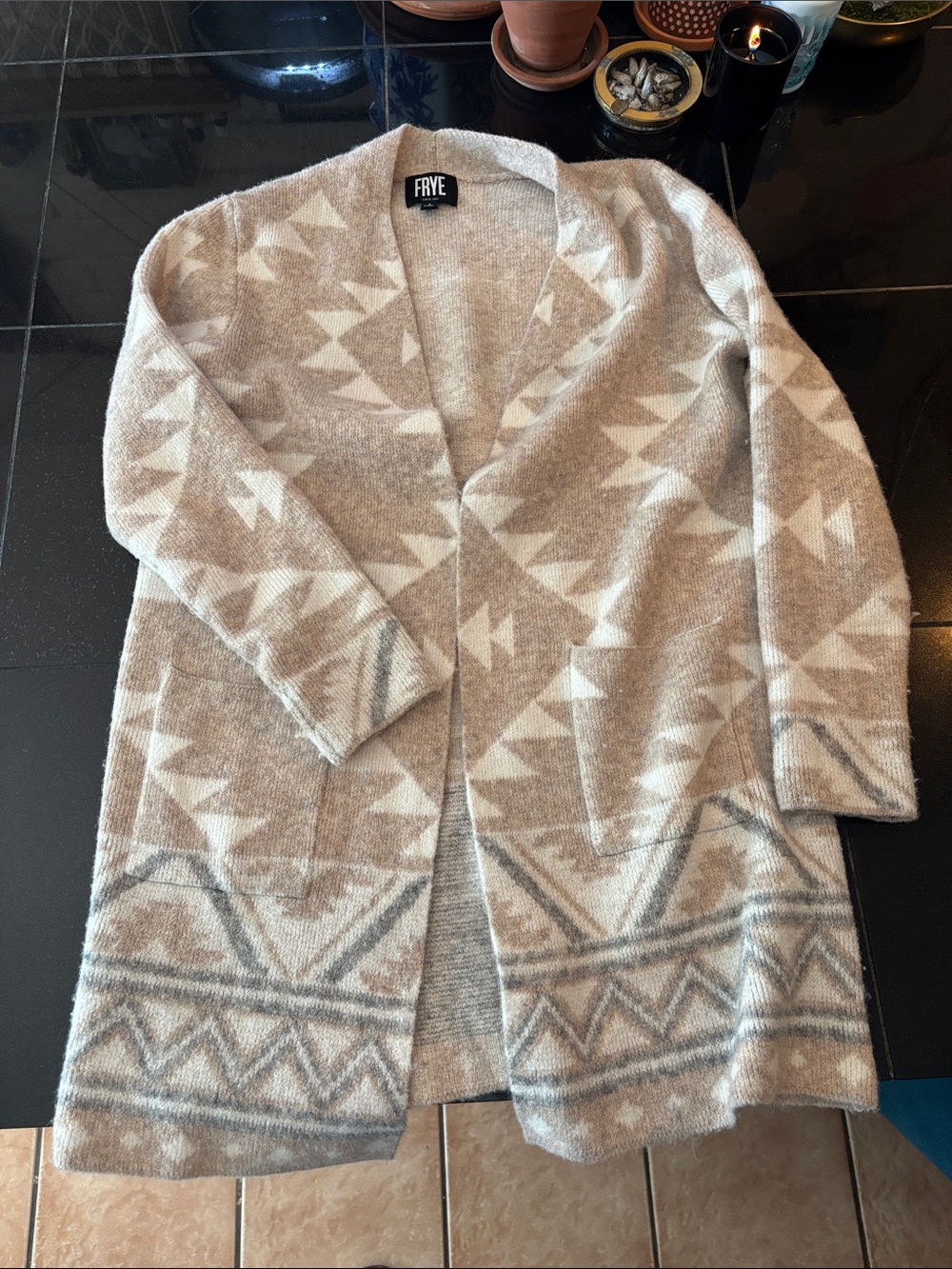 Frye Taupe & Cream Aztec Knit Open Cardigan